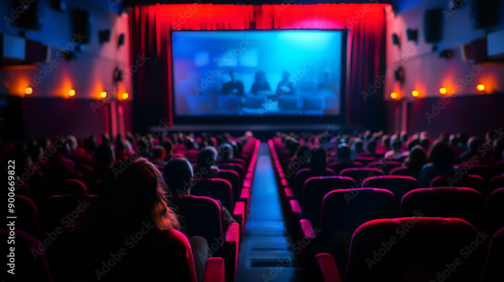 Cinema hall with audience watching a movie on the big screen, vibrant lighting enhancing the theater experience. high quality. Cinema hall with audience watching a movie on the big screen, vibrant lighting enhancing the theater experience. high quality.
