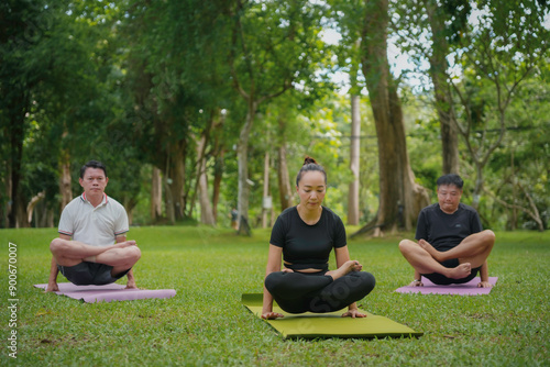 Three asian adults are improving their balance and flexibility by practicing yoga outdoors in a park