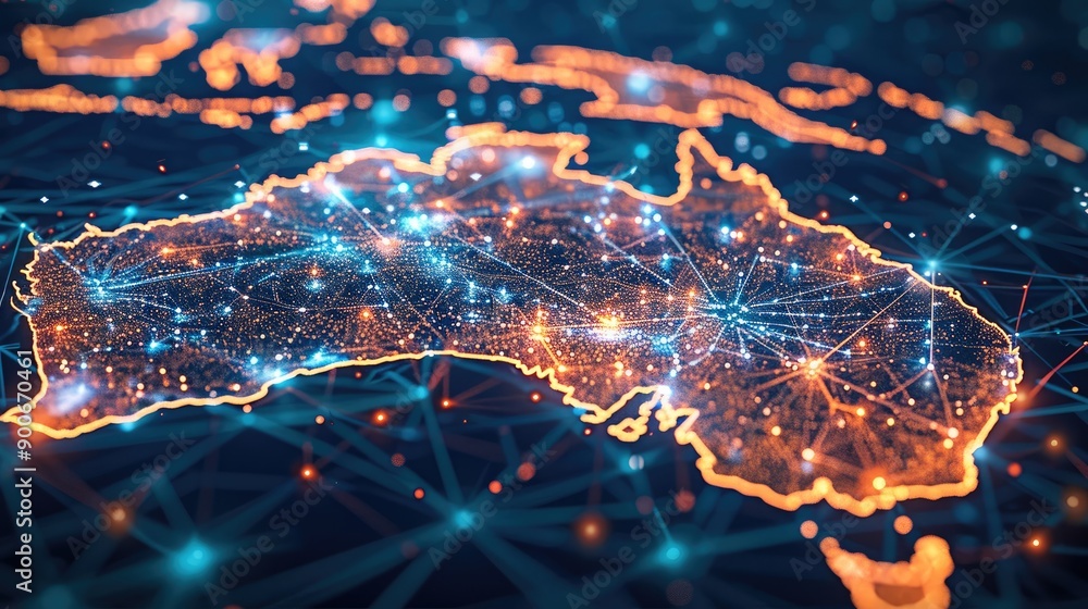 Fototapeta premium Digital map of Australia highlighting network connectivity and data transfer for tech business telecommunications. Generative AI.