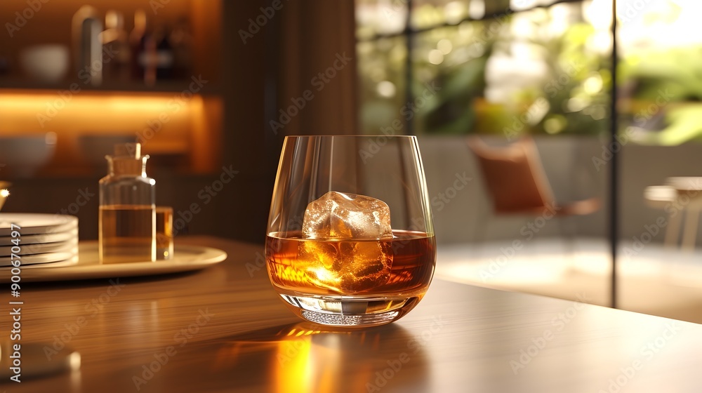 Whiskey Glass with Ice Cube in Cozy Mahogany-Paneled Study Whiskey Glass with Ice Cube in Cozy Mahogany-Paneled Study