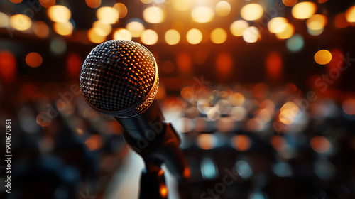 Close-up of a microphone on stage with blurred background lights, highlighting a performance or public speaking event ambiance. high quality.