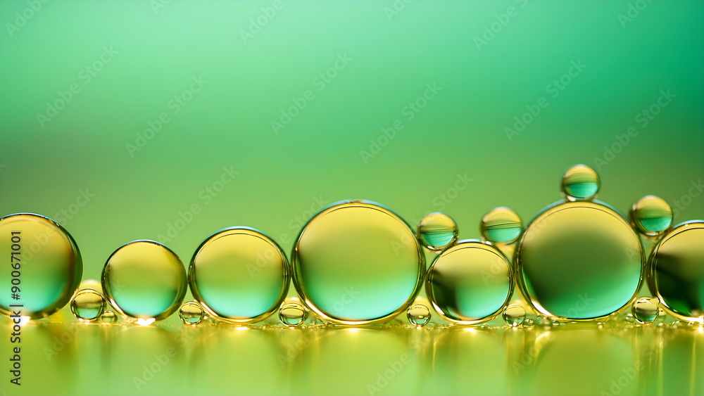 A close-up image of abstract yellow and green bubbles with a blurred green background. A close-up image of abstract yellow and green bubbles with a blurred green background.