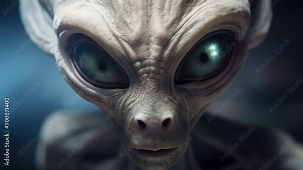 Alien With Large Green Eyes And Wrinkled Skin In A Futuristic Setting Alien With Large Green Eyes And Wrinkled Skin In A Futuristic Setting