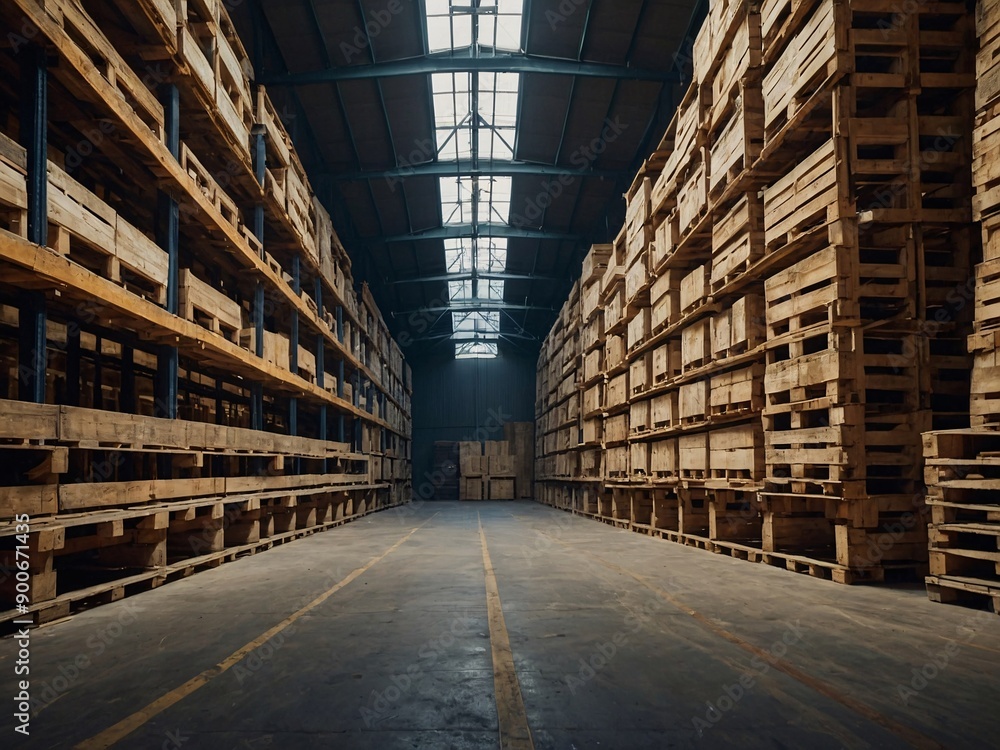 Warehouse filled with rows of empty wooden pallet Warehouse filled with rows of empty wooden pallet