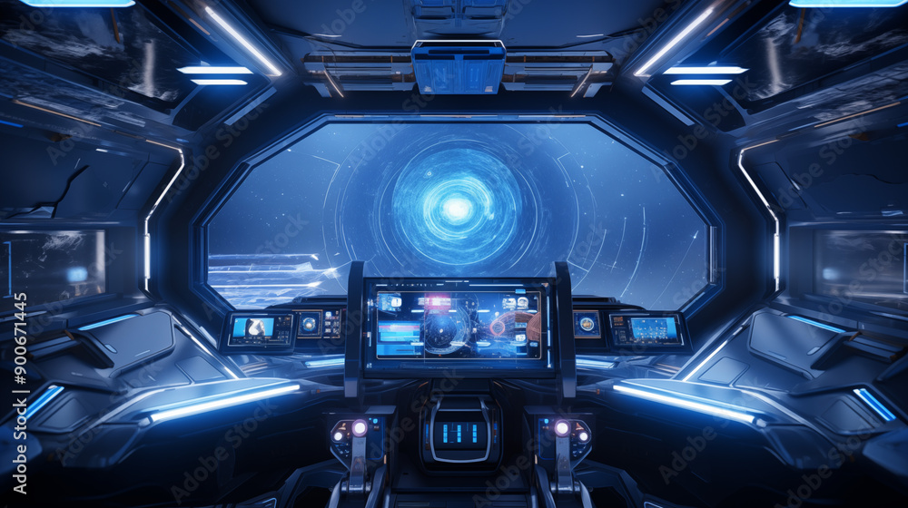 Spaceship Command Center With Panoramic View Of Space And High-Tech Control Systems Spaceship Command Center With Panoramic View Of Space And High-Tech Control Systems
