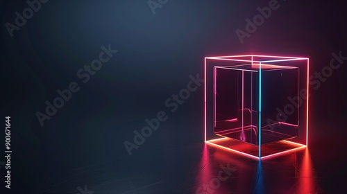 Futuristic Glowing Cube in a Dark Abstract Environment