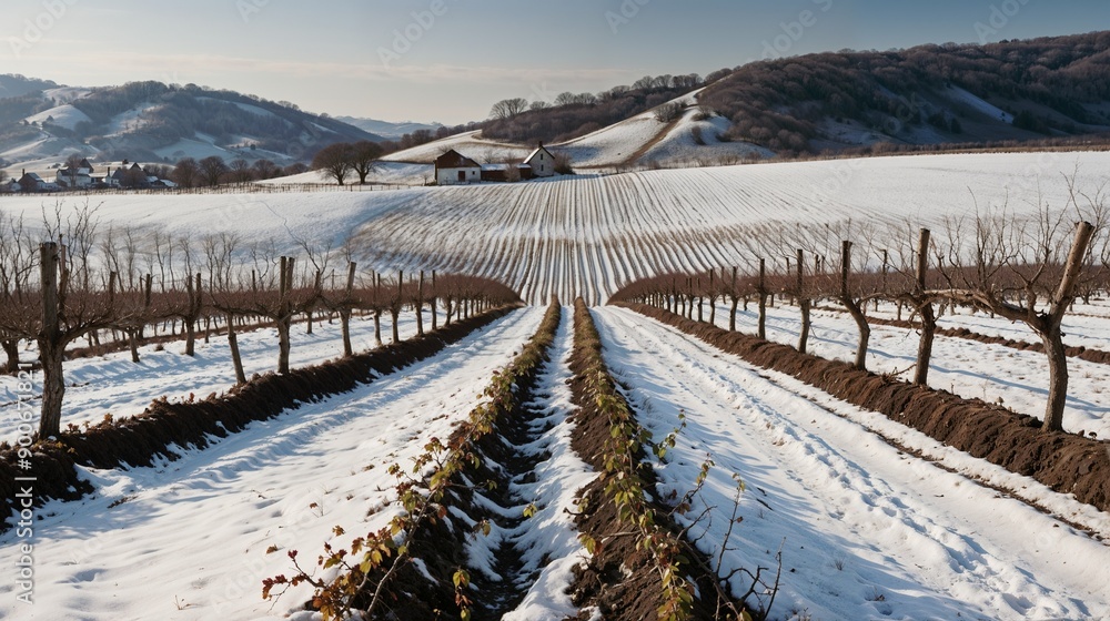 Winter Vineyard in Snow-Covered Hills, Scenic Agricultural Landscape at Sunrise