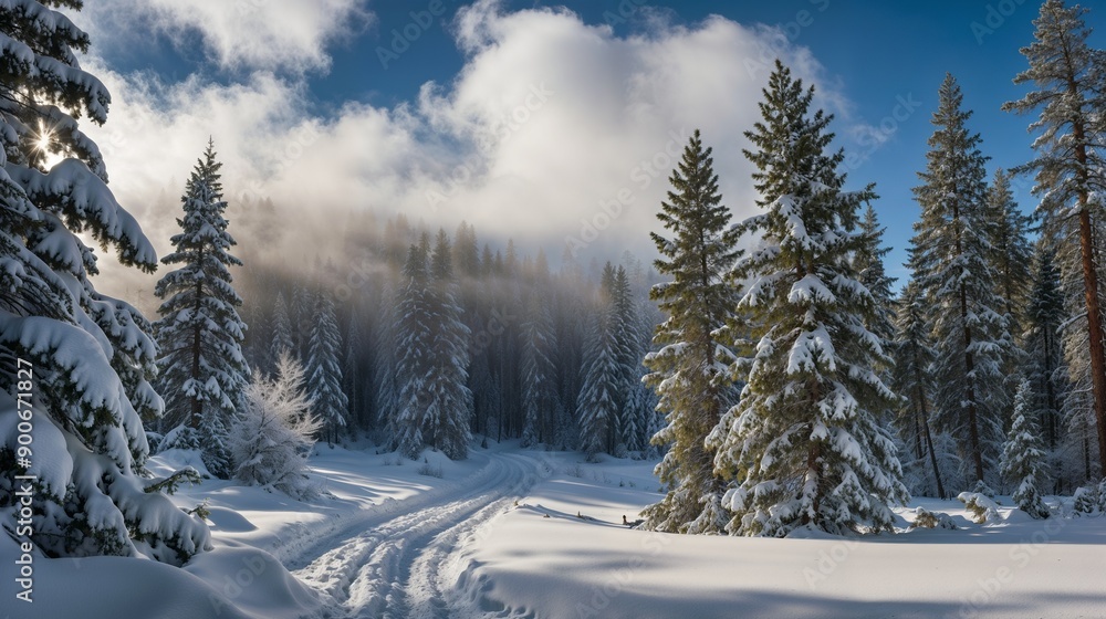 Snowy Forest in Winter, Sunlight Through Pine Trees, Scenic Snow Trail Snowy Forest in Winter, Sunlight Through Pine Trees, Scenic Snow Trail