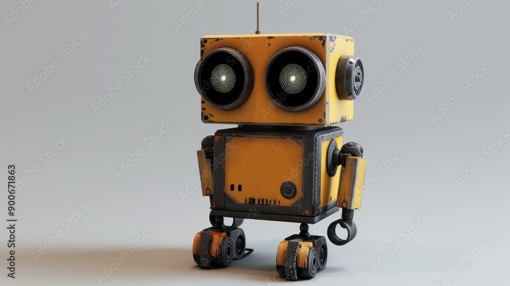 Stylized, anthropomorphic robot with a yellow and black color scheme, characterized by a square body, round head, and four wheels Stylized, anthropomorphic robot with a yellow and black color scheme, characterized by a square body, round head, and four wheels