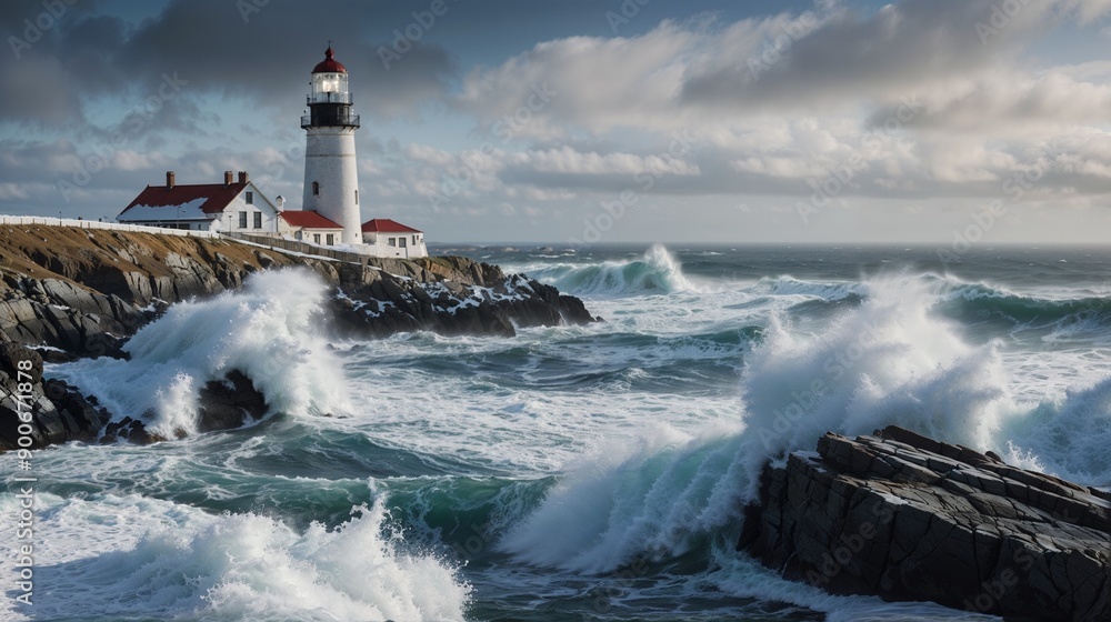 Majestic Lighthouse by Stormy Sea Waves on Rocky Coastline Majestic Lighthouse by Stormy Sea Waves on Rocky Coastline