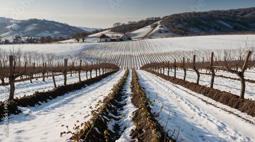 Obraz na płótnie Winter Vineyard in Snow-Covered Hills, Scenic Agricultural Landscape at Sunrise w salonie