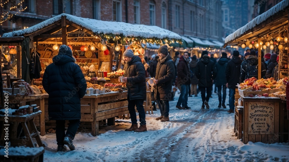 Fototapeta premium Winter Market Scene: Snowy Streets, Festive Stalls, Warm Clothing, Cozy Atmosphere, Seasonal Foods