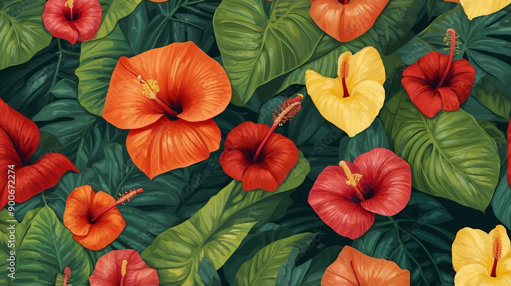 Lush tropical foliage background with blooming hibiscus flowers. Green plant wall illustration of tropical leaves and flowers Lush tropical foliage background with blooming hibiscus flowers. Green plant wall illustration of tropical leaves and flowers