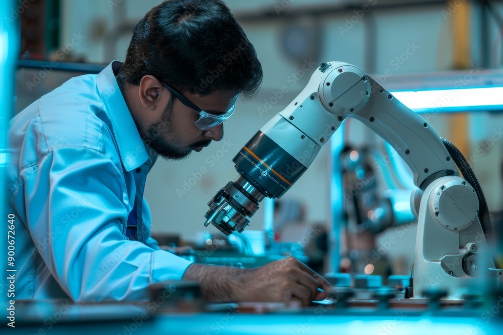 Indian engineer testing and fine-tuning an industrial robot arm in a ...