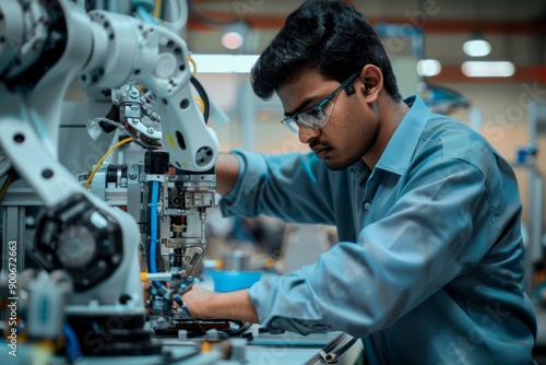 Indian engineer testing the functionality of an industrial robot arm, utilizing technology and precision in a factory development workshop.