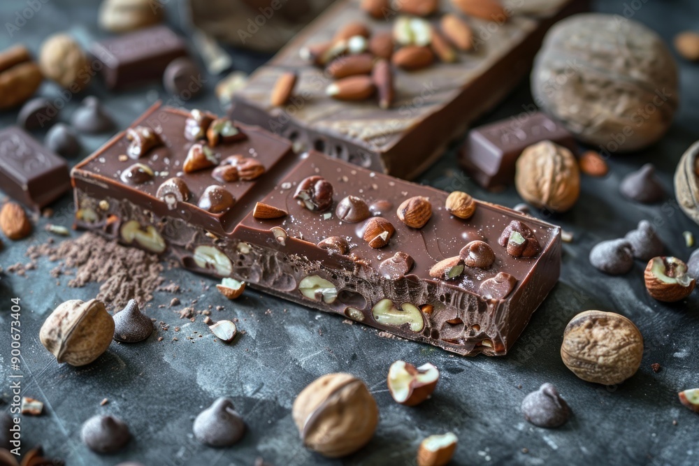 Artisan chocolate bar with almonds, hazelnuts, and walnuts on a dark background Artisan chocolate bar with almonds, hazelnuts, and walnuts on a dark background