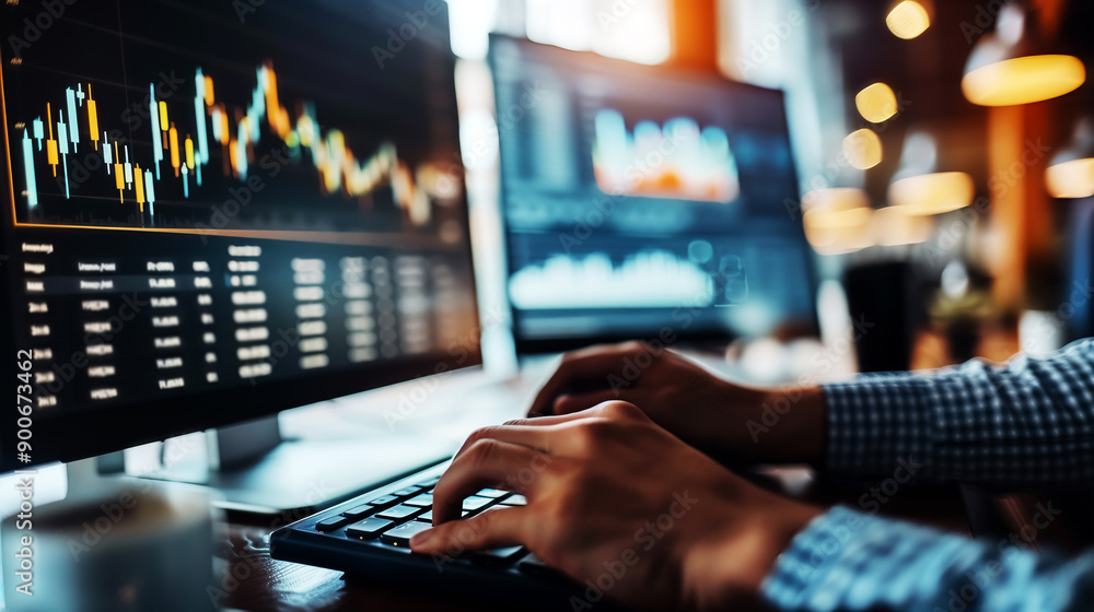 Close-up of hands typing on a keyboard with financial charts on computer screens in the background, representing data analysis and trading. high quality. Close-up of hands typing on a keyboard with financial charts on computer screens in the background, representing data analysis and trading. high quality.
