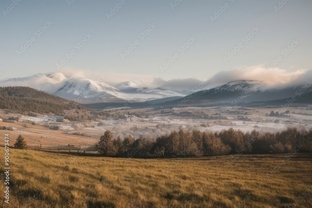 Fototapeta premium Misty morning shrouds the autumnal mountain peaks, casting an ethereal glow on the vibrant landscape