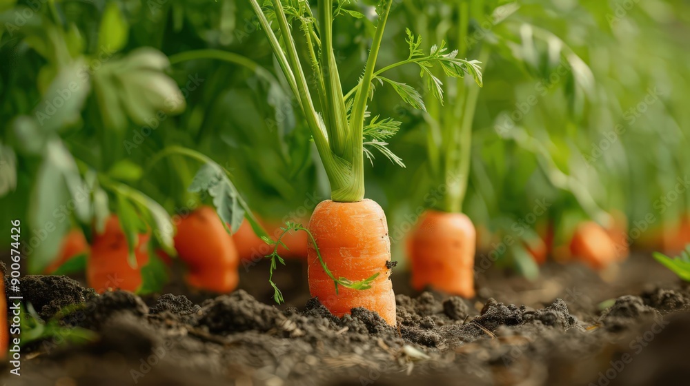 Vibrant carrots grow in rich soil, showcasing their lush green tops and earthy roots, perfect for fresh produce imagery. Vibrant carrots grow in rich soil, showcasing their lush green tops and earthy roots, perfect for fresh produce imagery.