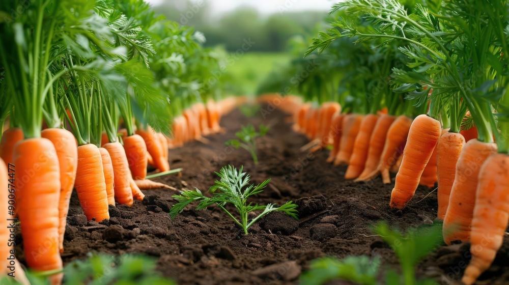 A vibrant field of fresh carrots growing in rich soil, showcasing the beauty of agricultural produce ready for harvest. A vibrant field of fresh carrots growing in rich soil, showcasing the beauty of agricultural produce ready for harvest.