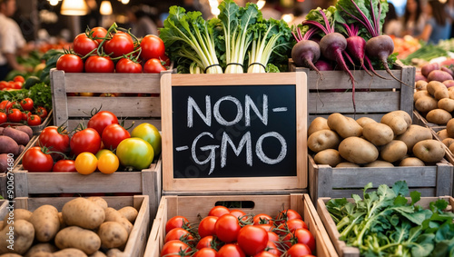 Chalkboard with non GMO sign at farmer's vegetables market stall. Gmo free, organic vegetables like tomatoes or potatoes in wooden crates  photo