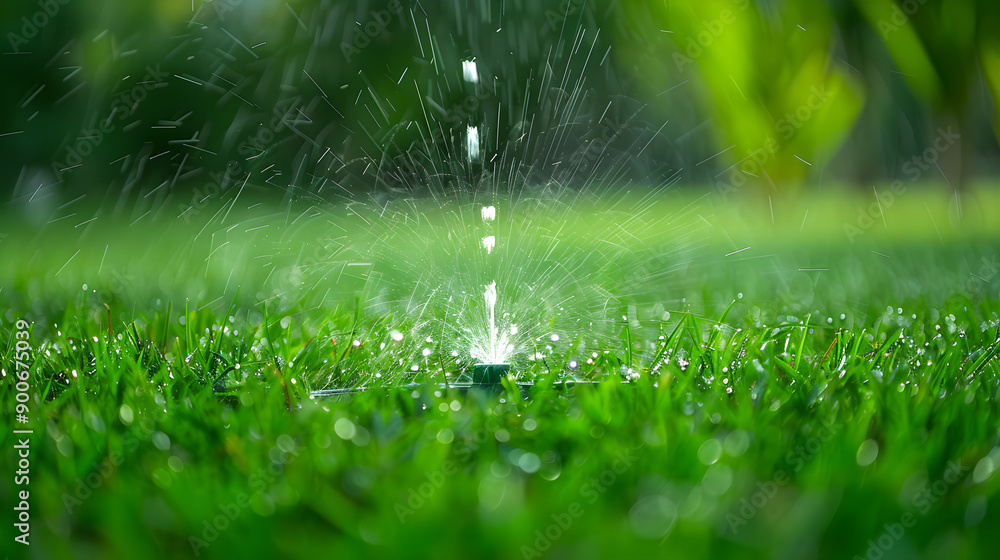 Vibrant grass receives a gentle mist from a sprinkler, creating a lush and beautiful landscape. Vibrant grass receives a gentle mist from a sprinkler, creating a lush and beautiful landscape.