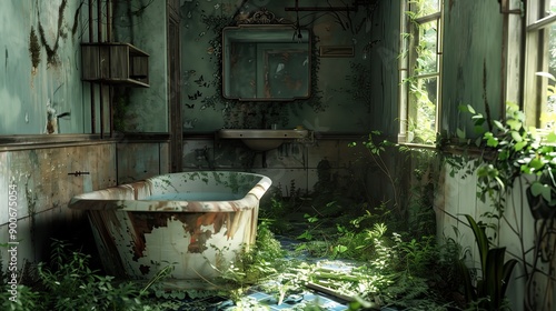 abandoned colonial style bathroom with worn tub and overgrown vegetatio photo