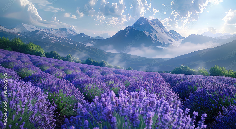 Fototapeta premium An expansive Asian lavender field with rows of purple flowers and a mountain backdrop. Generative AI.