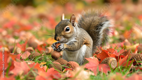 Squirrel storing acorns in its cheeks, preparing for winter in a rustic, natural setting. photo