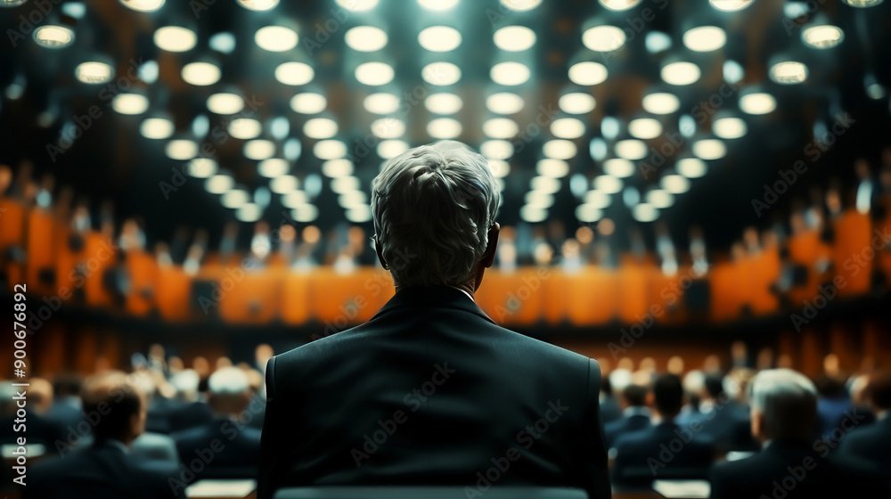 Crowded conference room with business professionals, shot from behind a leading figure under bright, symmetrical lighting high quality. Crowded conference room with business professionals, shot from behind a leading figure under bright, symmetrical lighting high quality.
