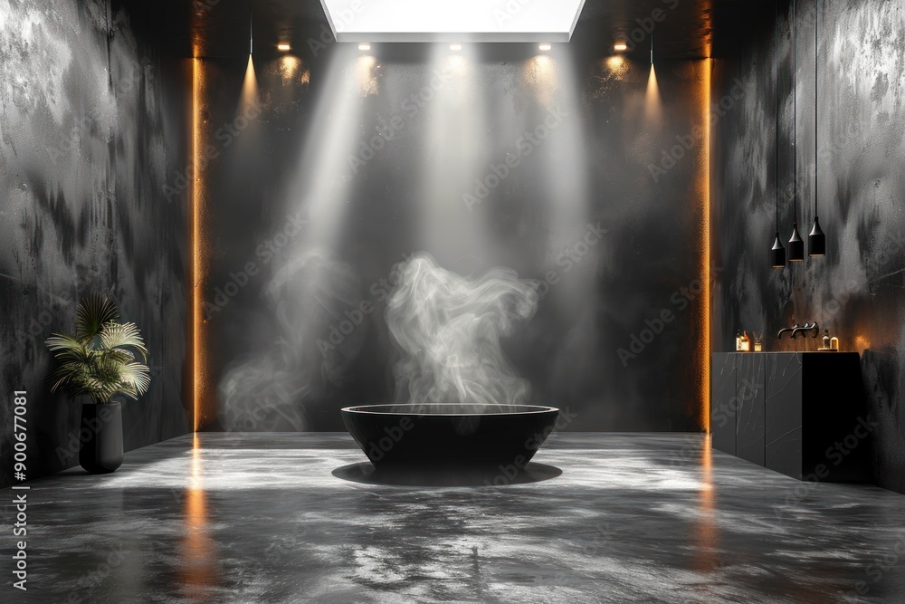 A modern bathroom with a steaming bathtub in the center and a grunge wall A modern bathroom with a steaming bathtub in the center and a grunge wall