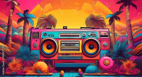  a nostalgic 90s-inspired scene with colorful clothing, a vintage boombox, and a playful, retro backdrop. 