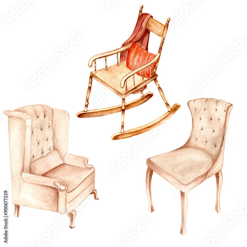 Furniture. Chair, armchair, rocking chair. Watercolor illustration on a white background. Isolated drawing, hand drawn. Suitable for postcards, scrapbooks and textiles. photo