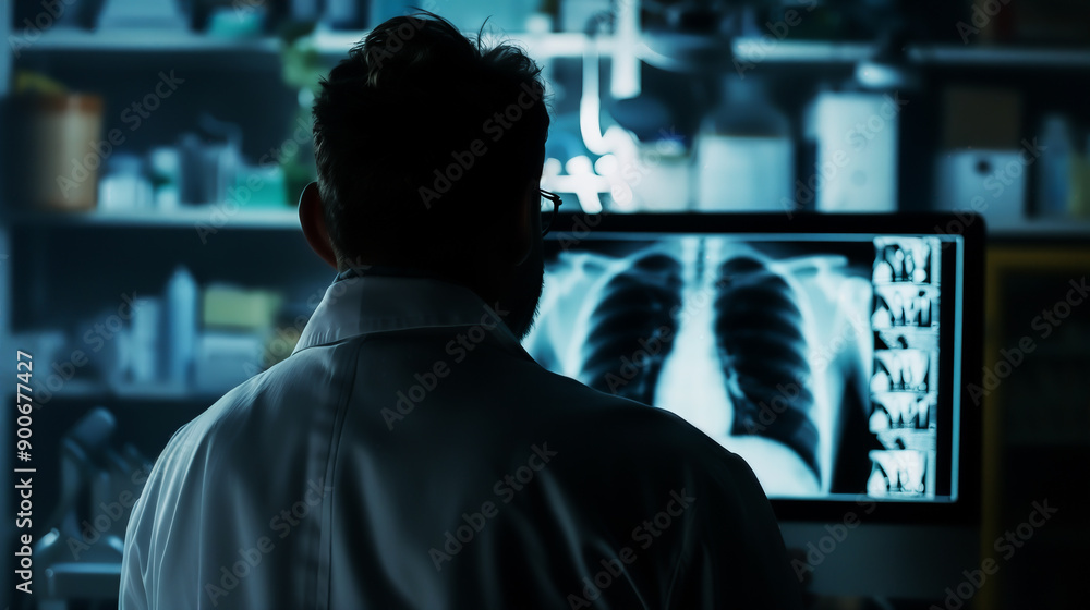 Doctor analyzing X-ray images on a computer screen in a medical laboratory setting. high quality.