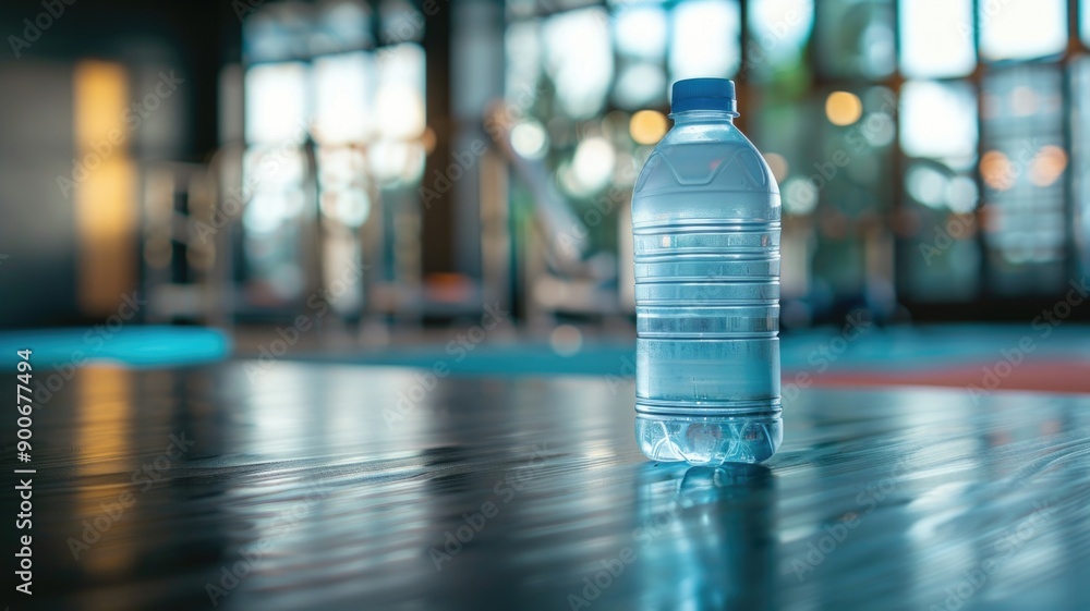 A close-up of a water bottle on gym equipment, with blurred fitness machines in the background. A close-up of a water bottle on gym equipment, with blurred fitness machines in the background.