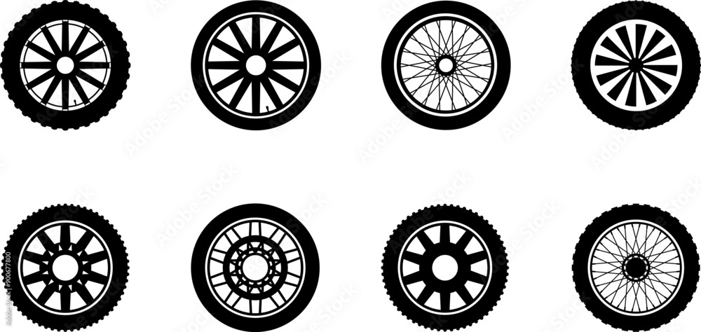 Naklejka premium Tire icon. Car vehicle automobile tire alloy wheel with rim vector illustration isolated on white background. Tire and rim for motorcycle or moped. Black rubber wheel tire