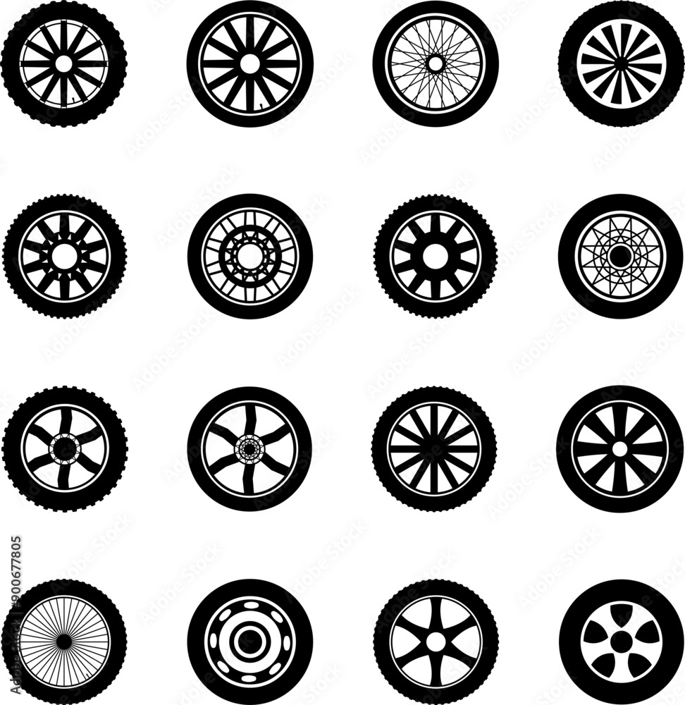 Tire icon. Car vehicle automobile tire alloy wheel with rim vector illustration isolated on white background. Tire and rim for motorcycle or moped. Black rubber wheel tire Tire icon. Car vehicle automobile tire alloy wheel with rim vector illustration isolated on white background. Tire and rim for motorcycle or moped. Black rubber wheel tire