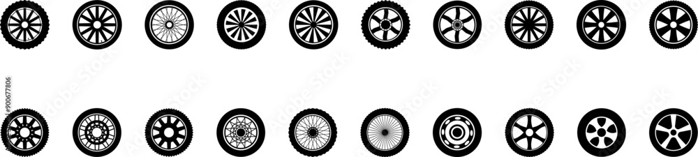 Tire icon. Car vehicle automobile tire alloy wheel with rim vector illustration isolated on white background. Tire and rim for motorcycle or moped. Black rubber wheel tire Tire icon. Car vehicle automobile tire alloy wheel with rim vector illustration isolated on white background. Tire and rim for motorcycle or moped. Black rubber wheel tire