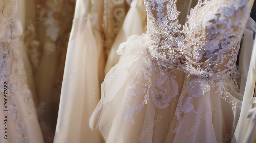 Elegant white bridal gowns with lace details displayed on hangers in a wedding dress store, highlighting exquisite craftsmanship and design. high quality. Elegant white bridal gowns with lace details displayed on hangers in a wedding dress store, highlighting exquisite craftsmanship and design. high quality.