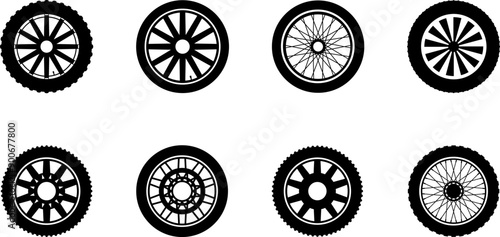 Tire icon. Car vehicle automobile tire alloy wheel with rim vector illustration isolated on white background. Tire and rim for motorcycle or moped. Black rubber wheel tire