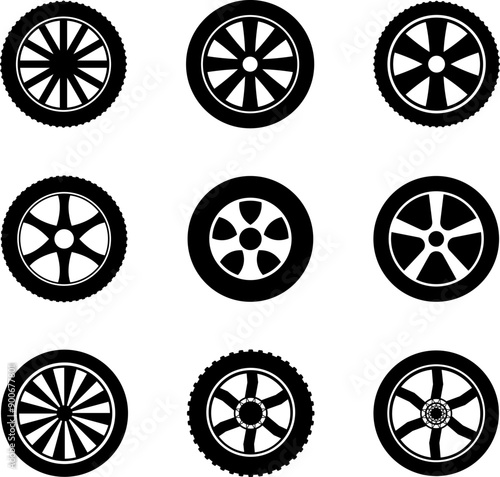 Tire icon. Car vehicle automobile tire alloy wheel with rim vector illustration isolated on white background. Tire and rim for motorcycle or moped. Black rubber wheel tire