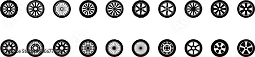 Tire icon. Car vehicle automobile tire alloy wheel with rim vector illustration isolated on white background. Tire and rim for motorcycle or moped. Black rubber wheel tire