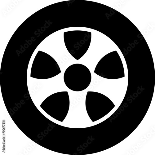 Tire icon. Car vehicle automobile tire alloy wheel with rim vector illustration isolated on white background. Tire and rim for motorcycle or moped. Black rubber wheel tire