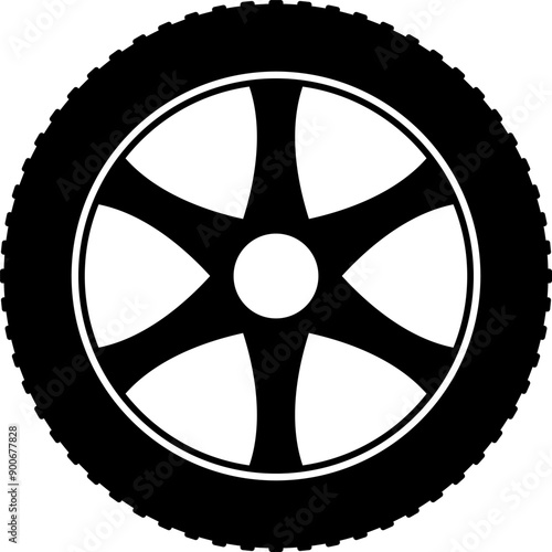 Tire icon. Car vehicle automobile tire alloy wheel with rim vector illustration isolated on white background. Tire and rim for motorcycle or moped. Black rubber wheel tire