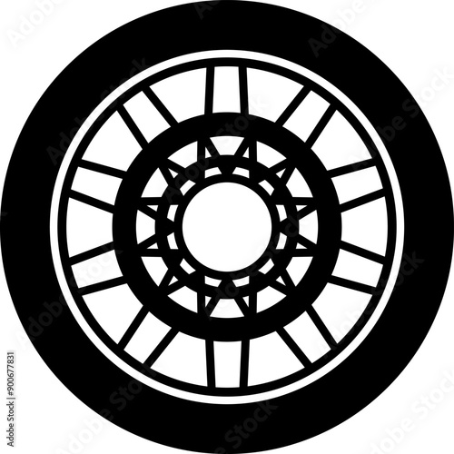 Tire icon. Car vehicle automobile tire alloy wheel with rim vector illustration isolated on white background. Tire and rim for motorcycle or moped. Black rubber wheel tire