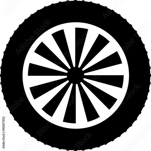Tire icon. Car vehicle automobile tire alloy wheel with rim vector illustration isolated on white background. Tire and rim for motorcycle or moped. Black rubber wheel tire