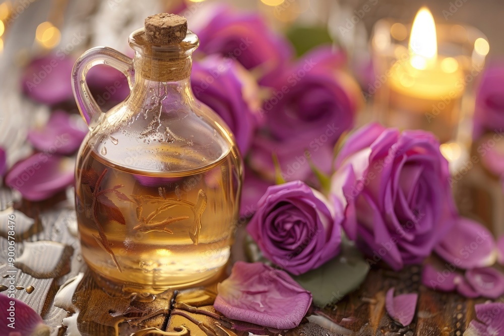 Aromatic Essential Oil Bottle with Purple Rose Petals and Lit Candle Aromatic Essential Oil Bottle with Purple Rose Petals and Lit Candle