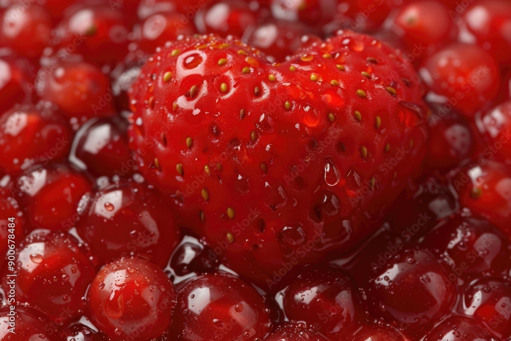 HeartShaped Strawberry Amidst Red Berries with Water Droplets HeartShaped Strawberry Amidst Red Berries with Water Droplets