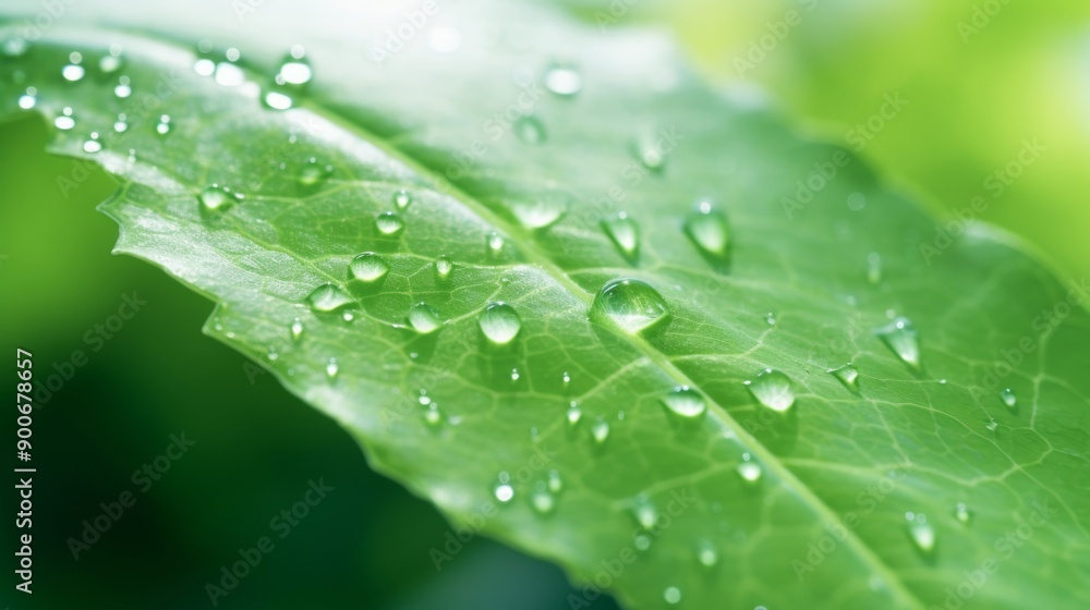 A close-up of a green leaf with water droplets under sunlight, highlighting the intricate patterns and fresh appearance of the foliage A close-up of a green leaf with water droplets under sunlight, highlighting the intricate patterns and fresh appearance of the foliage