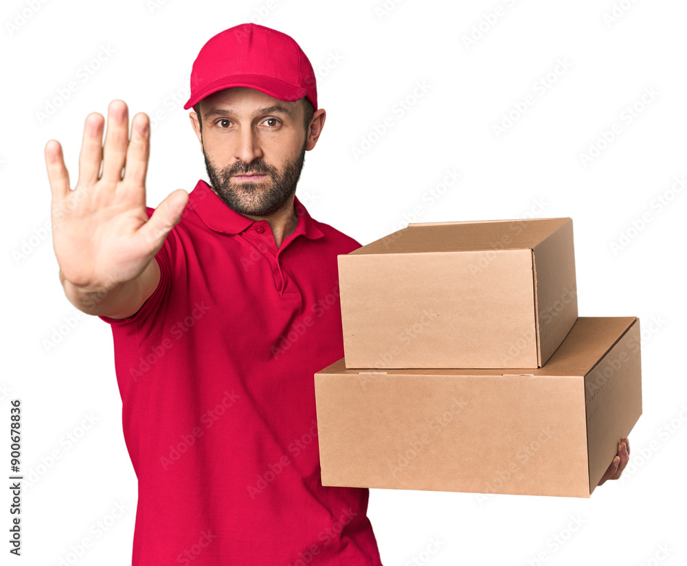 Hispanic male courier with boxes standing with outstretched hand showing stop sign, preventing you. Hispanic male courier with boxes standing with outstretched hand showing stop sign, preventing you.